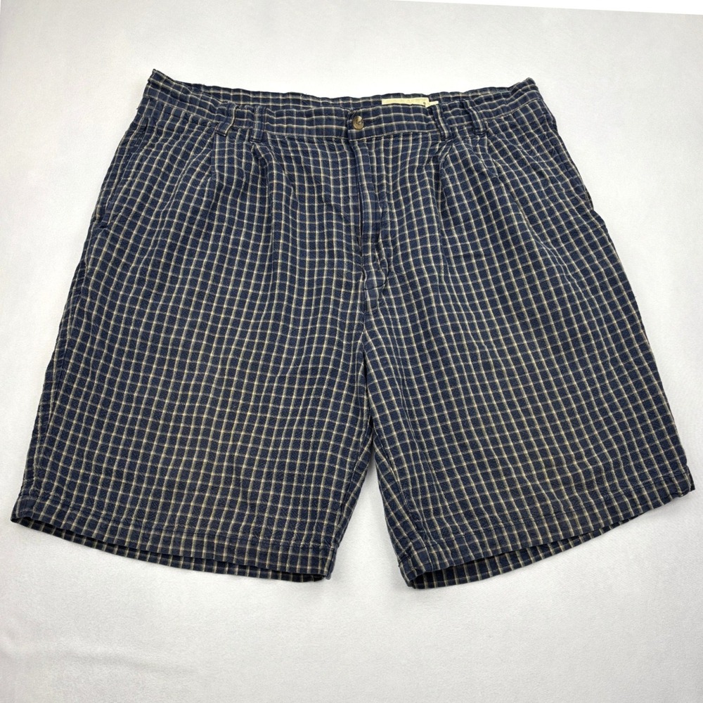 Vintage Eddie Bauer Linen Cotton Shorts Mens 40 Blue Plaid Pleated Casual Chino
